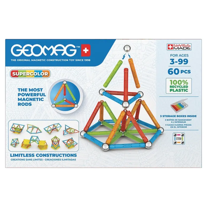 Geomag Supercolor Recycled - Jeu de construction magnétique 60 pièces - Créativité et imagination - Jouet écoresponsable en plastique recyclé