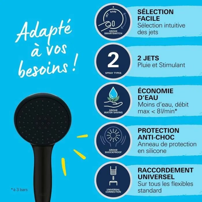 GROHE Pommeau de douche Vitalio Start 110 279462431 Noir Mat - 2 jets (Pluie/Stimulant) - Economie d'eau - Procédé anti-calcaire