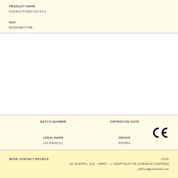 Fusible Diazed DIII 63 A 500 V Ø 22,5 mm Fusible Diazed DIII 63 A 500 V Ø 22,5 mm