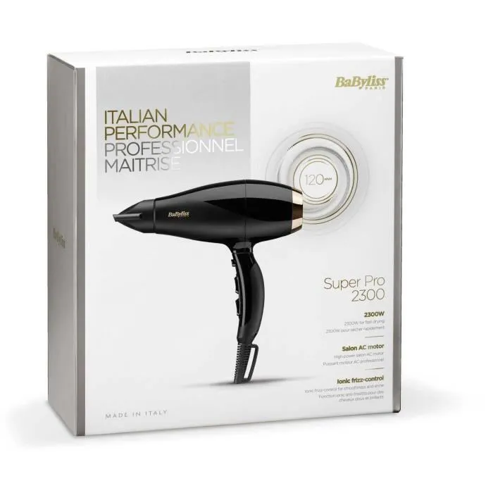 BaByliss Super Pro 2300 6714E - Sèche-cheveux 2300 W professionnel à flux d'air 120 km/h, moteur AC, ionique, 3 températures et 2 vitesses, fonction air froid