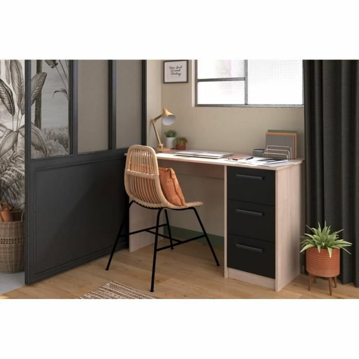 Parisot Bureau droit 3 tiroirs - Décor chêne/noir - ESSENTIELLE