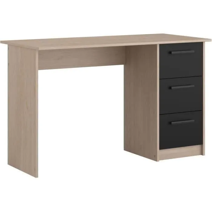 PARISOT Bureau droit avec 3 tiroirs ESSENTIEL - Décor chêne et noir - Dimensions : 121,4 x 55 x 74,5 cm