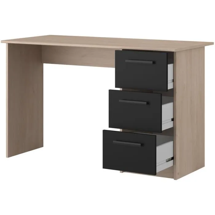 PARISOT Bureau droit avec 3 tiroirs ESSENTIEL - Décor chêne et noir - Dimensions : 121,4 x 55 x 74,5 cm