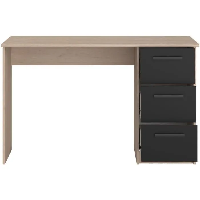PARISOT Bureau droit avec 3 tiroirs ESSENTIEL - Décor chêne et noir - Dimensions : 121,4 x 55 x 74,5 cm