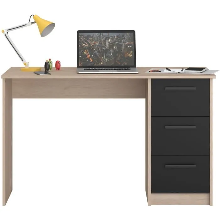 PARISOT Bureau droit avec 3 tiroirs ESSENTIEL - Décor chêne et noir - Dimensions : 121,4 x 55 x 74,5 cm
