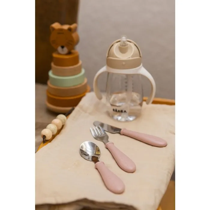 BEABA - Set de 3 couverts d'apprentissage en inox pour enfant - Cuillère, fourchette, couteau - Lavable au lave-vaisselle