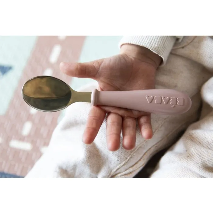 BEABA - Set de 3 couverts d'apprentissage en inox pour enfant - Cuillère, fourchette, couteau - Lavable au lave-vaisselle