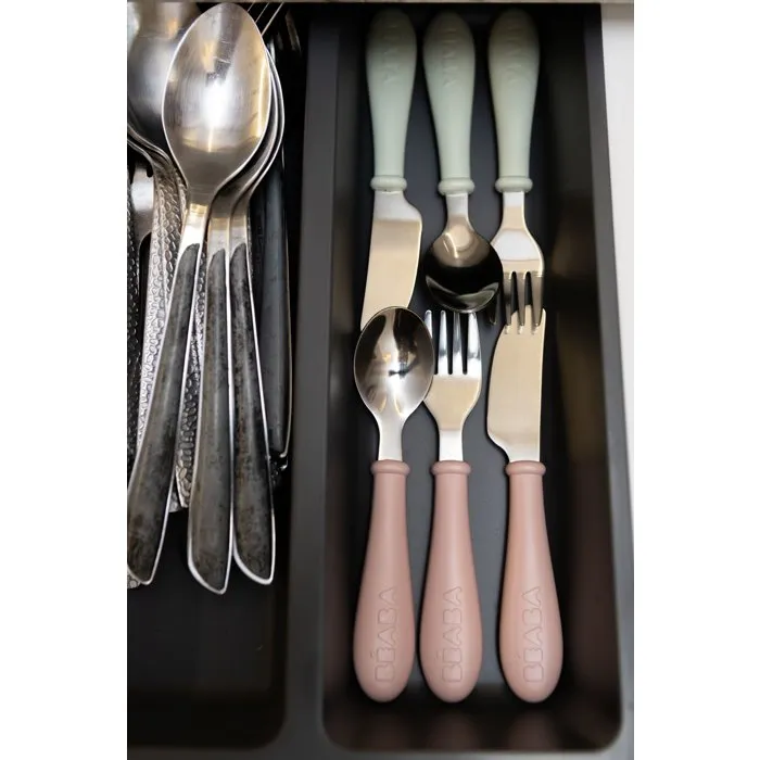 BEABA - Set de 3 couverts d'apprentissage en inox pour enfant - Cuillère, fourchette, couteau - Lavable au lave-vaisselle