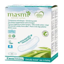 MASMI Compresa Extralarga 8Ud. - Serviette Hygiénique Extralongue 8 Unités en Coton Bio Écologique Certifié - Pour Règles Abondantes et Nuit