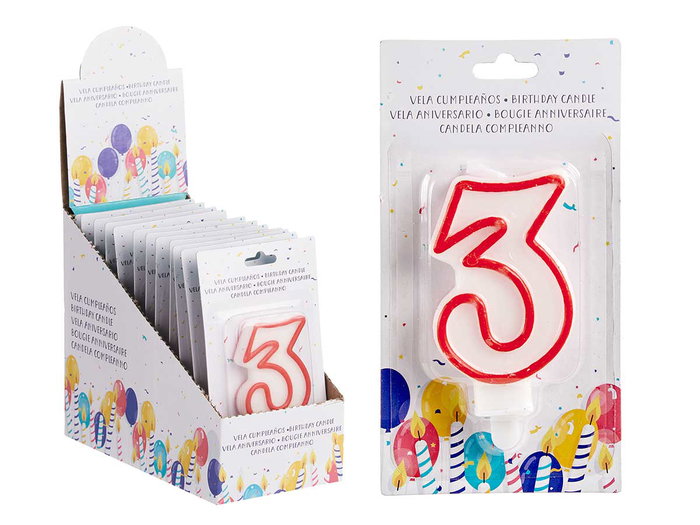 Arte Regal Bougie Anniversaire Numéro 3 Blanche Bord Rouge 4x8x1 cm (Set de 72)