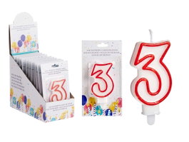 Arte Regal Bougie Anniversaire Numéro 3 Blanche Bord Rouge 4x8x1 cm (Set de 72)