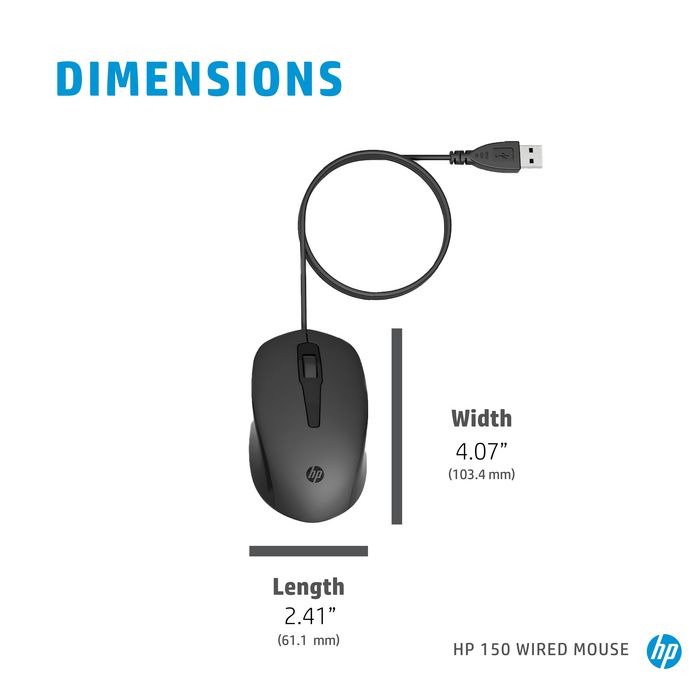 HP Souris filaire HP 150 - Souris 3 boutons avec molette de défilement, confortable et précise pour une productivité optimale