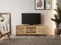 GINER Y COLOMER Meuble TV 150 cm en Bois de Mango Massif Fait Main avec 3 Tiroirs et 2 Portes, Détails Peints à la Main, Style Artisanal