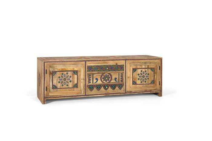 GINER Y COLOMER Meuble TV 150 cm en Bois de Mango Massif Fait Main avec 3 Tiroirs et 2 Portes, Détails Peints à la Main, Style Artisanal GINER Y COLOMER Meuble TV 150 cm en Bois de Mango Massif Fait Main avec 3 Tiroirs et 2 Portes, Détails Peints à la Main, Style Artisanal