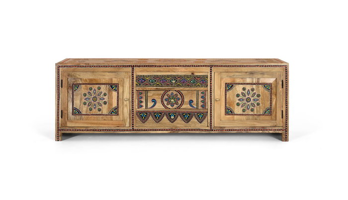 GINER Y COLOMER Meuble TV 150 cm en Bois de Mango Massif Fait Main avec 3 Tiroirs et 2 Portes, Détails Peints à la Main, Style Artisanal GINER Y COLOMER Meuble TV 150 cm en Bois de Mango Massif Fait Main avec 3 Tiroirs et 2 Portes, Détails Peints à la Main, Style Artisanal