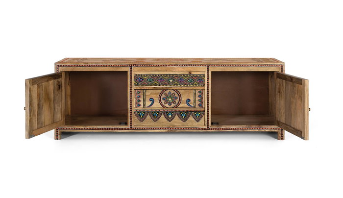 GINER Y COLOMER Meuble TV 150 cm en Bois de Mango Massif Fait Main avec 3 Tiroirs et 2 Portes, Détails Peints à la Main, Style Artisanal GINER Y COLOMER Meuble TV 150 cm en Bois de Mango Massif Fait Main avec 3 Tiroirs et 2 Portes, Détails Peints à la Main, Style Artisanal