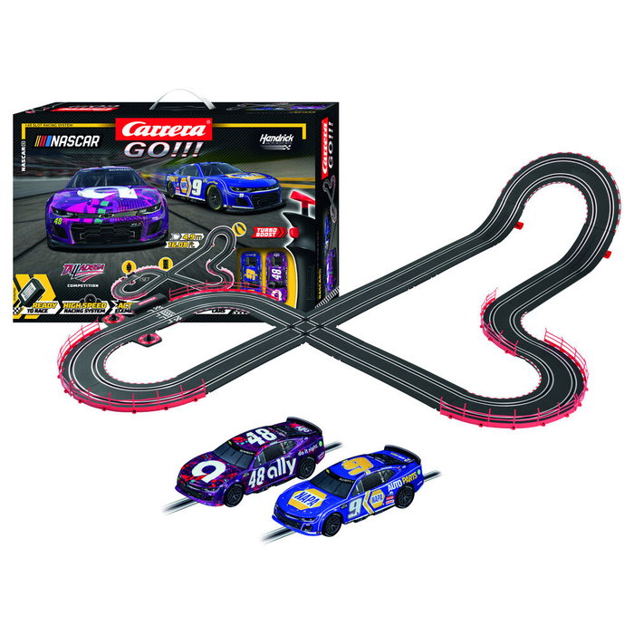 CARRERA Circuit de course Nascar GO!!! - Set de piste 1:43 avec 2 voitures NextGen Camaro ZL1, contrôleur 2 vitesses, 4.9m