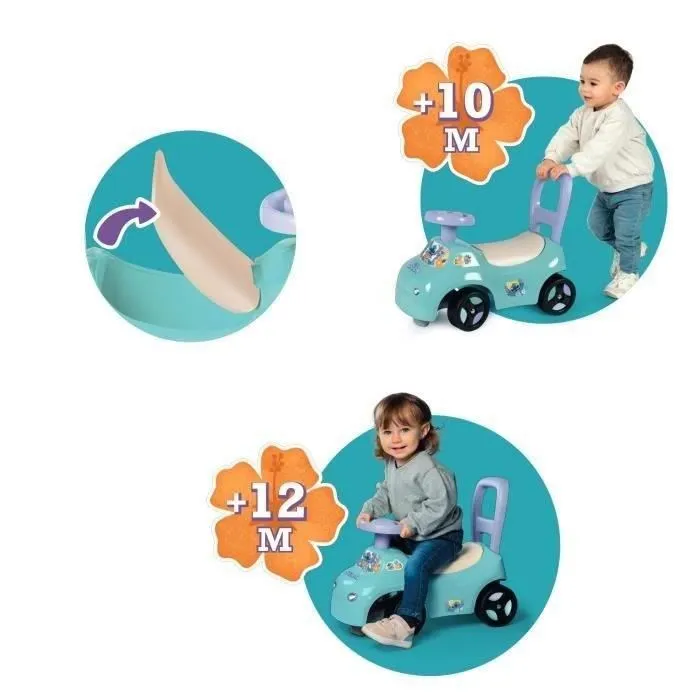 Smoby Porteur Voiture Stitch - Porteur stable léger ergonomique pour bébé dès 10 mois, aide à la marche, volant directionnel, coffre de rangement
