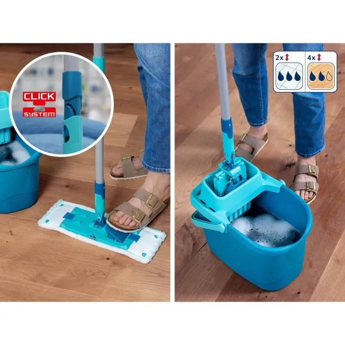 Leifheit Set de nettoyage de sol PowerClean 55510 - Balai serpillère avec seau essoreur et housse micro duo - Manche 148 cm