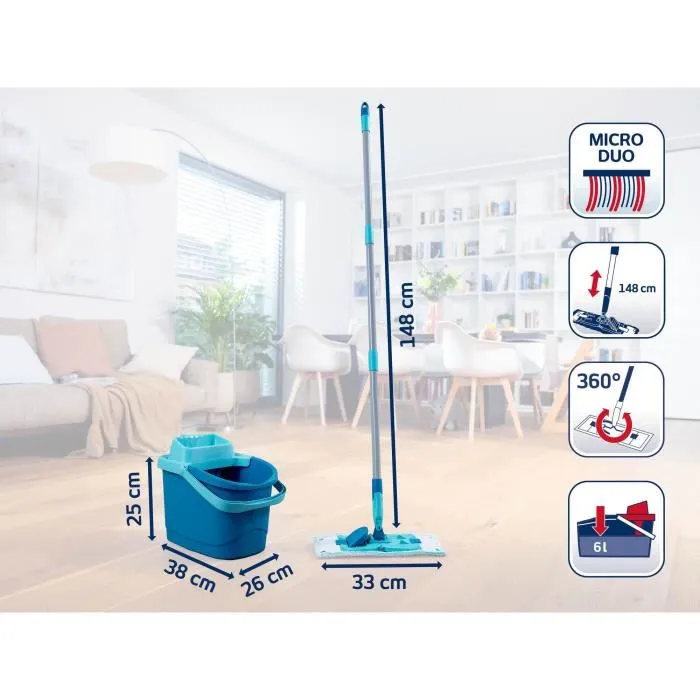 Leifheit Set de nettoyage de sol PowerClean 55510 - Balai serpillère avec seau essoreur et housse micro duo - Manche 148 cm