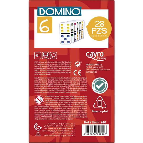 Cayro - Jeu de dominos double six couleurs - 28 pièces en plastique - Dimensions pièce: 5.1x2.5x0.8 cm - À partir de 6 ans - Langues: espagnol, anglais, français Cayro - Jeu de dominos double six couleurs - 28 pièces en plastique - Dimensions pièce: 5.1x2.5x0.8 cm - À partir de 6 ans - Langues: espagnol, anglais, français