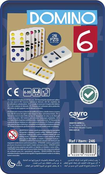 Cayro - Jeu de dominos double six couleurs - 28 pièces en plastique - Dimensions pièce: 5.1x2.5x0.8 cm - À partir de 6 ans - Langues: espagnol, anglais, français Cayro - Jeu de dominos double six couleurs - 28 pièces en plastique - Dimensions pièce: 5.1x2.5x0.8 cm - À partir de 6 ans - Langues: espagnol, anglais, français