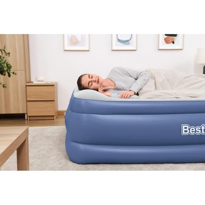 Bestway - Lit gonflable Tritech 2 places avec pompe intégrée (152 x 203 x 46 cm) - Revêtement antimicrobien pour camping