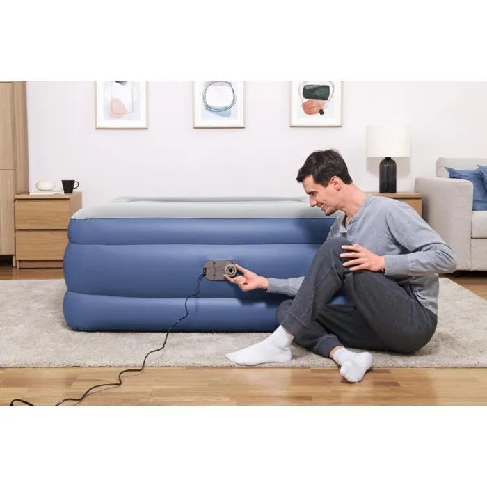 Bestway - Lit gonflable Tritech 2 places avec pompe intégrée (152 x 203 x 46 cm) - Revêtement antimicrobien pour camping