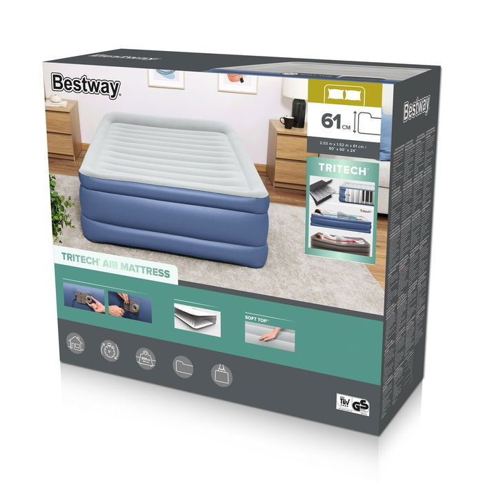Bestway - Lit gonflable Tritech 2 places avec pompe intégrée (152 x 203 x 46 cm) - Revêtement antimicrobien pour camping