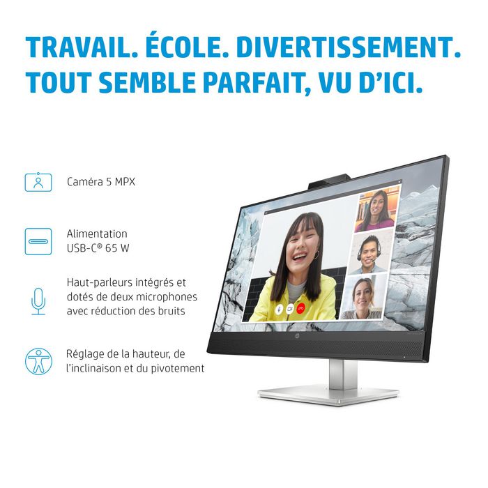 HP Écran de conférence HP E27m G4 - Écran QHD 27" avec webcam rétractable 5 MP, micros, haut-parleurs et USB-C 65W pour vidéoconférence Zoom