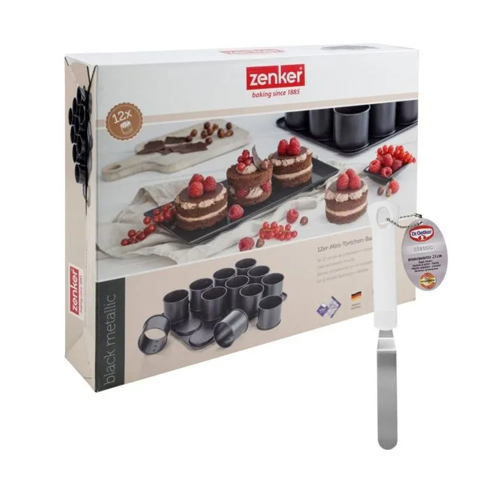 Zenker Ensemble Pâtisserie : Plaque à Moule 12 Mini-Gâteaux (38x30 cm) Antiadhésive + Spatule à Glacer Coudée, Noir Métallisé, Four 230°C