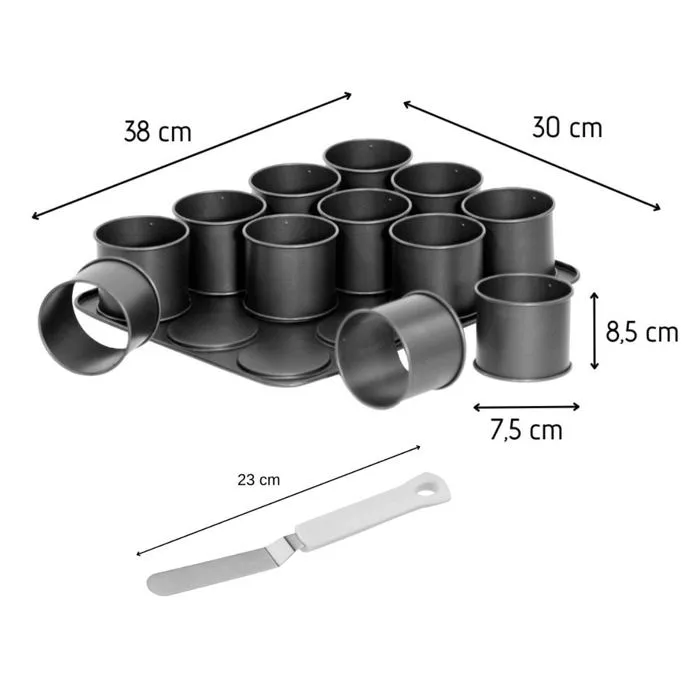 Zenker Ensemble Pâtisserie : Plaque à Moule 12 Mini-Gâteaux (38x30 cm) Antiadhésive + Spatule à Glacer Coudée, Noir Métallisé, Four 230°C