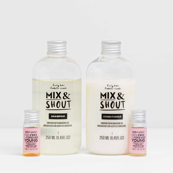 Mix & Shout Routine de Renforcement des Boucles Cheveux Bouclés Vegan Shampoing Après-Shampoing Boosters Gingembre Citron 250ml x2 5ml x2