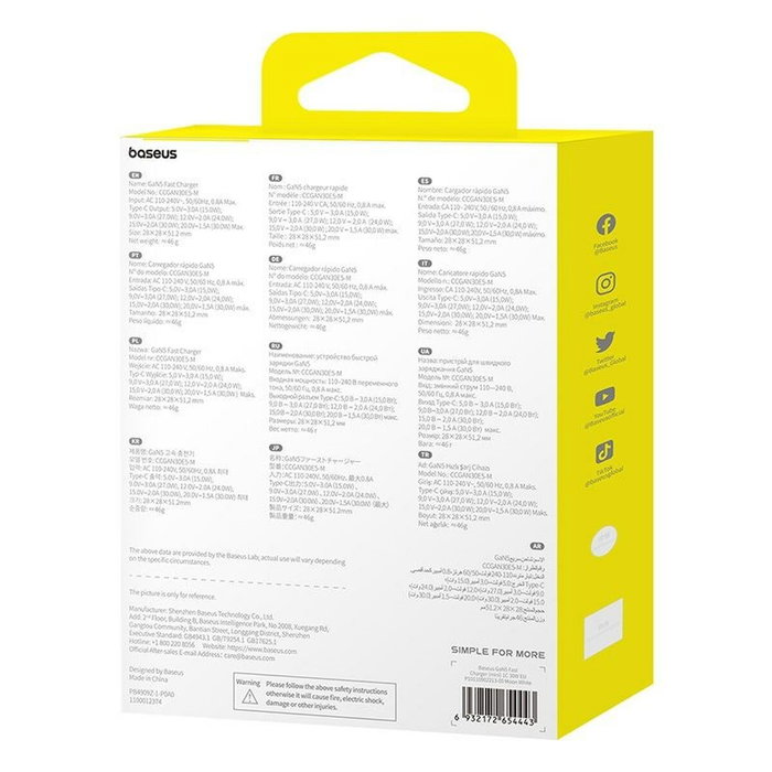 Baseus Chargeur mural P10110902213-00 Blanc 30 W USB-C Baseus Chargeur mural P10110902213-00 Blanc 30 W USB-C