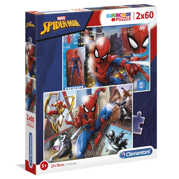 CLEMENTONI Puzzle Spider-Man Marvel 120 Pièces (2 x 60) - Dimensions du Puzzle : 27 x 19 cm, Dimensions de la Boîte : 28 x 24,4 x促使 3,9 cm