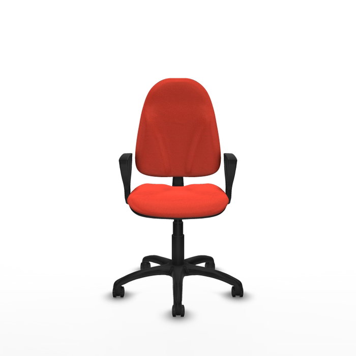 Chaise de bureau Algarra avec mécanisme de contact permanent de base, recouverte de tissu orange foncé. Équipée d'une base en polyamide noir, d'accoudoirs fixes et de roulettes autobloquantes Chaise de bureau Algarra avec mécanisme de contact permanent de base, recouverte de tissu orange foncé. Équipée d'une base en polyamide noir, d'accoudoirs fixes et de roulettes autobloquantes