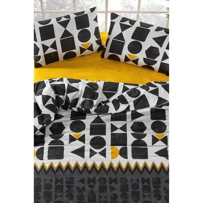 Parure de lit housse de couette 220 x 240 cm + 2 taies d'oreiller 60 x 60 cm en coton renforcé 132 fils - Noir, Jaune, Blanc