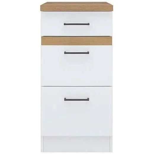 JUNONA Meuble bas de cuisine 40 cm - 3 tiroirs avec plan de travail en chêne artisanal doré - Blanc brillant - L40 x H86 x P60 cm JUNONA Meuble bas de cuisine 40 cm - 3 tiroirs avec plan de travail en chêne artisanal doré - Blanc brillant - L40 x H86 x P60 cm
