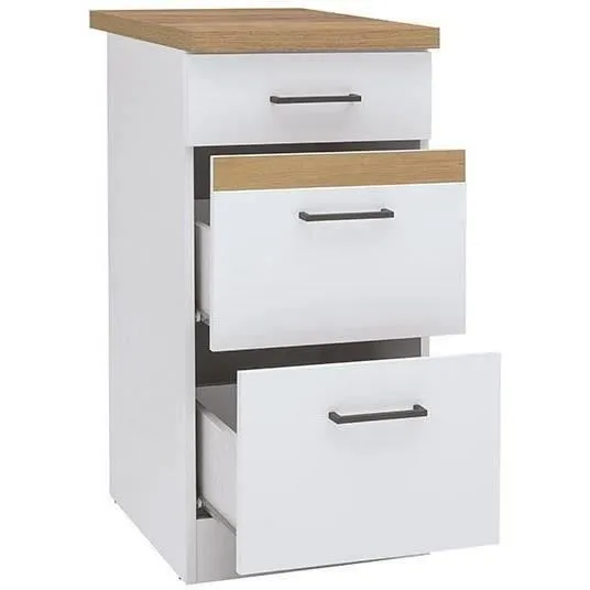 JUNONA Meuble bas de cuisine 40 cm - 3 tiroirs avec plan de travail en chêne artisanal doré - Blanc brillant - L40 x H86 x P60 cm JUNONA Meuble bas de cuisine 40 cm - 3 tiroirs avec plan de travail en chêne artisanal doré - Blanc brillant - L40 x H86 x P60 cm