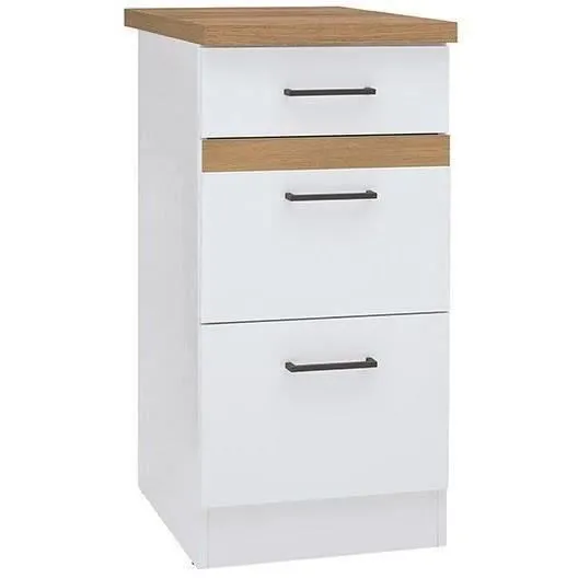 JUNONA Meuble bas de cuisine 40 cm - 3 tiroirs avec plan de travail en chêne artisanal doré - Blanc brillant - L40 x H86 x P60 cm JUNONA Meuble bas de cuisine 40 cm - 3 tiroirs avec plan de travail en chêne artisanal doré - Blanc brillant - L40 x H86 x P60 cm
