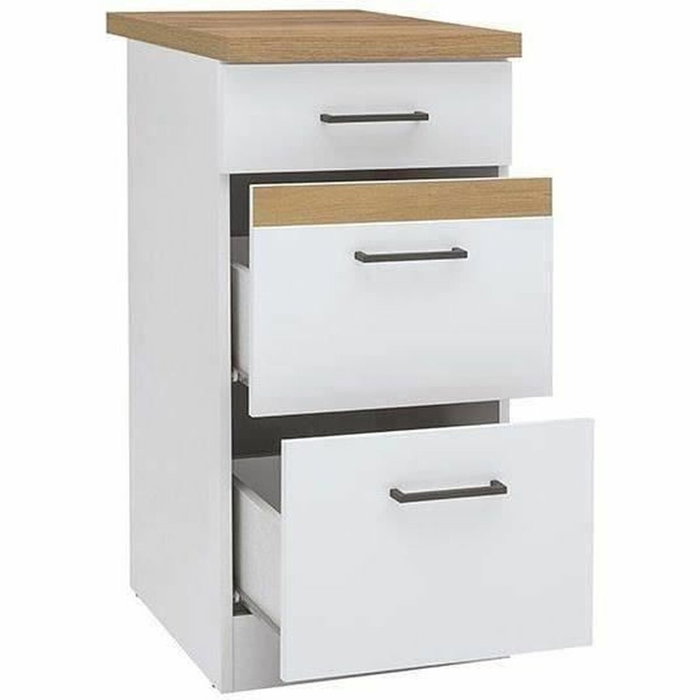 BigBuy Home Meuble bas de cuisine Junona blanc brillant avec 3 tiroirs et plan de travail chêne BigBuy Home Meuble bas de cuisine Junona blanc brillant avec 3 tiroirs et plan de travail chêne