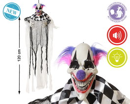 Figura Colgante de Payaso Arlequín con Cabello Lila, Sonidos y Luces - 120 cm - Décoration Effrayante pour Fêtes et Maisons Hantées