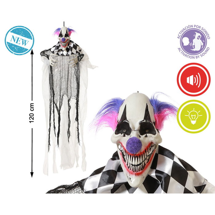 BigBuy Home Clown Arlequin Suspendu avec Cheveux Lilas et Effets Sonores et Lumineux - 120 cm