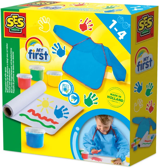 SES CREATIVE My First - Kit de peinture au doigt pour enfants dès 1 an, thème animaux, avec 4 couleurs et tablier, papier épais anti-bavure SES CREATIVE My First - Kit de peinture au doigt pour enfants dès 1 an, thème animaux, avec 4 couleurs et tablier, papier épais anti-bavure