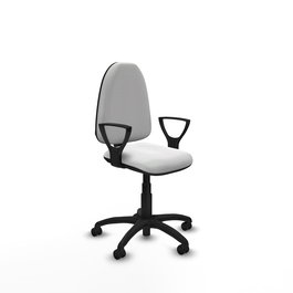 Chaise de bureau Aýna avec mécanisme de contact permanent de base, revêtue de tissu blanc. Équipée d'une base en polyamide noir, d'accoudoirs fixes et de roulettes autobloquantes
