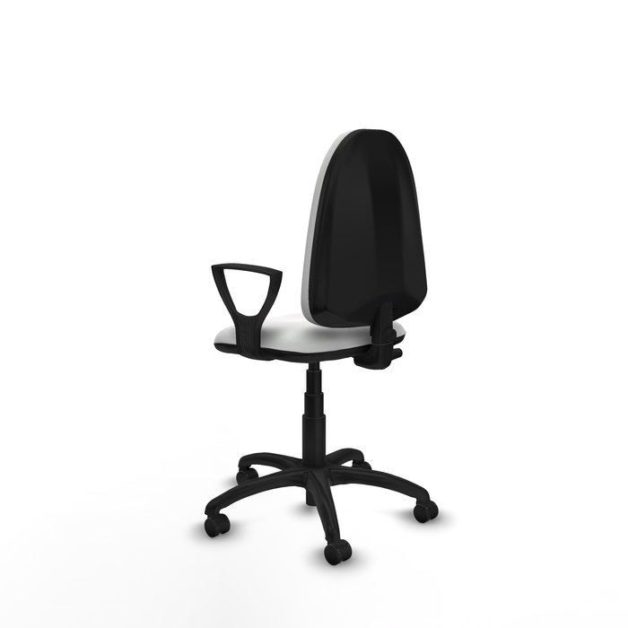 Chaise de bureau Aýna avec mécanisme de contact permanent de base, revêtue de tissu blanc. Équipée d'une base en polyamide noir, d'accoudoirs fixes et de roulettes autobloquantes