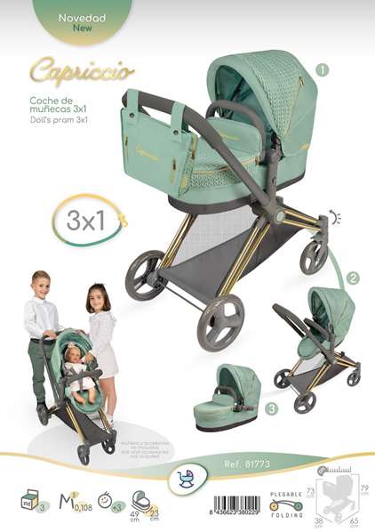 Decuevas Coche de muñeca 3x1 plegable - Poussette de poupée 3 en 1 pliable pour poupées jusqu'à 50 cm - Métal, plastique, polyester