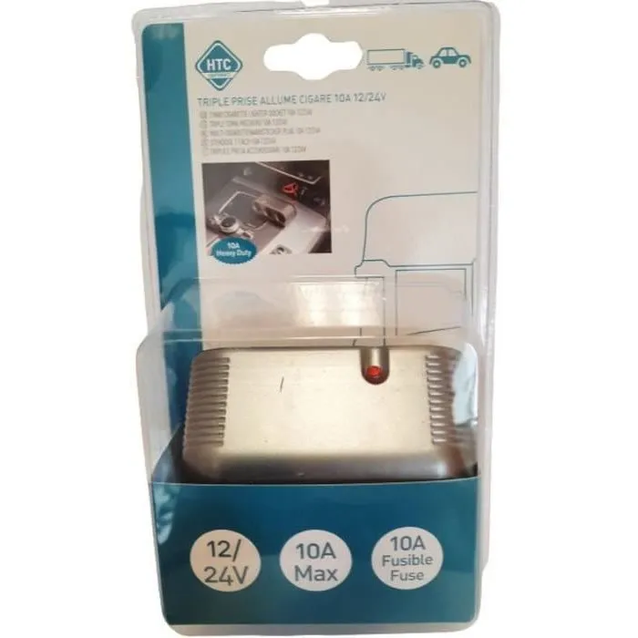HTC EQUIPEMENT Triple prise allume-cigare 12V/24V - 3 ports avec câble rouge 80cm et fusible intégré 10A pour véhicule