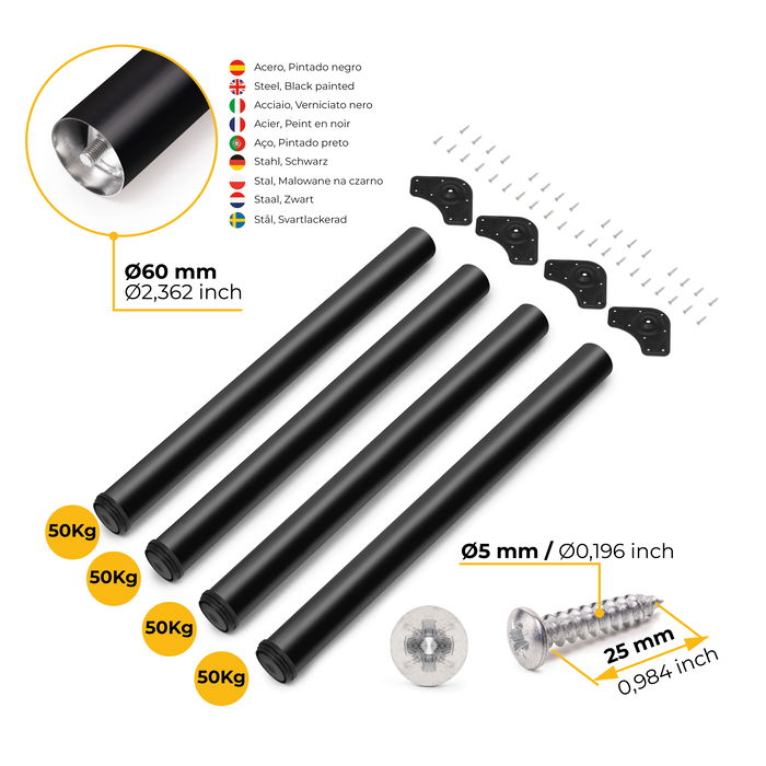 Emuca Lot de 4 pieds de table, diamètre 60mm, H 830mm, Acier, Peint en noir