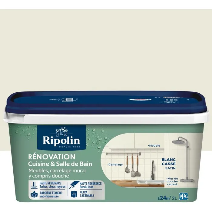 Ripolin - Peinture de rénovation pour cuisine et salle de bain - Blanc cassé - Finition satinée - 2 litres